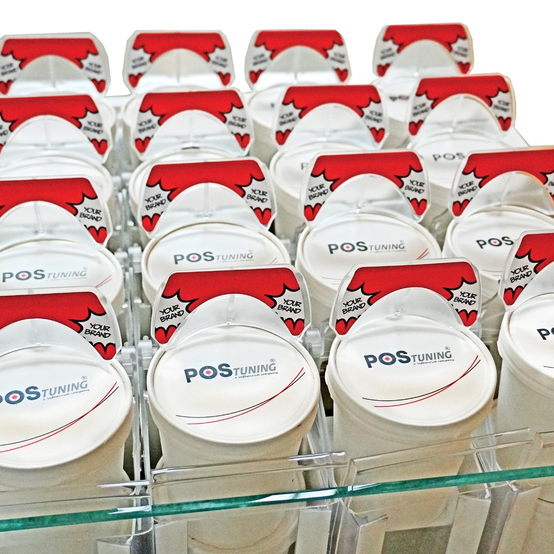 Sistema de exhibición de botes de helado POS-T Skadi Lift — paneles frontales de marca